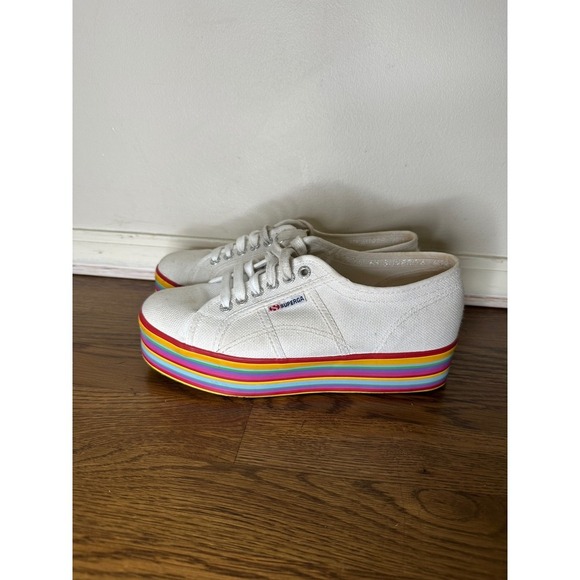 Superga White Canvas Rainbow Platform Sneakers Women's US 7.5 EU 40 - Picture 2 of 9